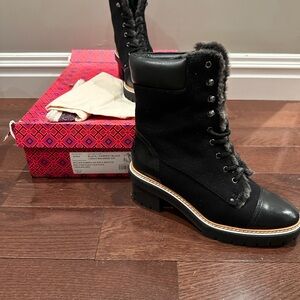 Tory Burch Miller 60mm lug sole shearling  bootie. Women's Black Fur-Lined Boots